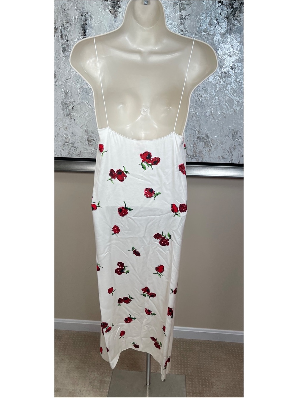 KHAITE Cream Midi Slip Dress with Red Rose Print - Picture 6 of 10